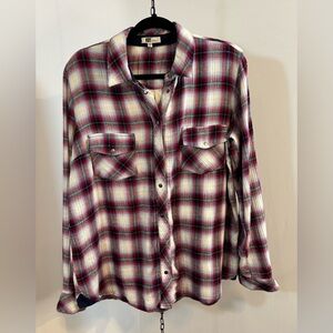 KUT from the Kloth Plaid Flannel Shirt Women M Red Blue Snap Button Western Rock